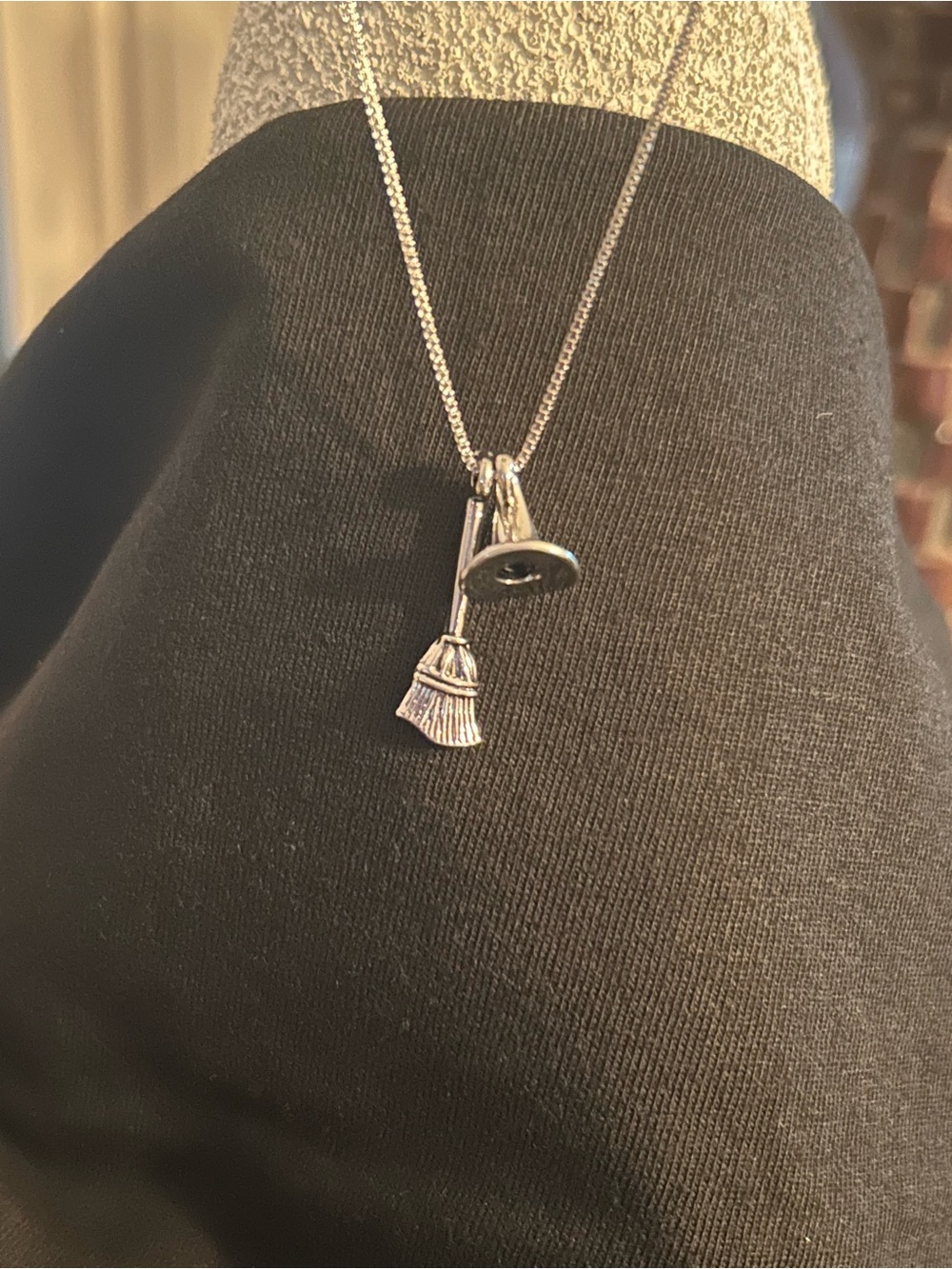 Silver Charm Necklace with Broom and Hat Pendants - Women's Jewelry